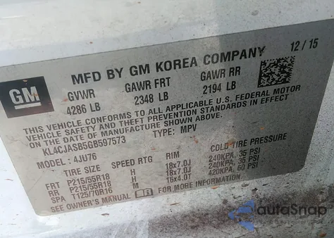 2016 Buick Encore из США, поврежденный, VIN KL4CJASB5GB597573